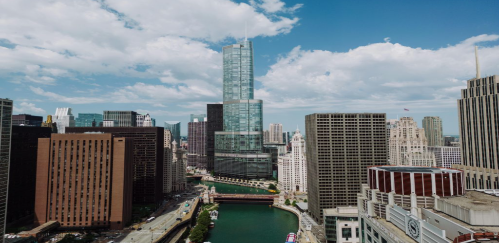 Swissotel Chicago triangular tower overlooking Lake Michigan skyline