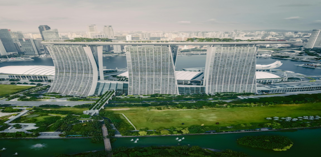 Marina Bay Sands Singapore skyline with infinity pool on top of hotel towers