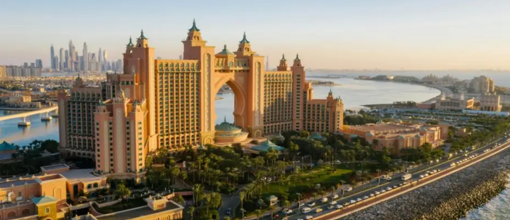 Atlantis The Palm Dubai beachfront resort with iconic arch and Arabian Gulf view