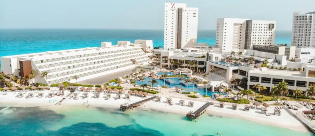 Hyatt Ziva Cancun beachfront resort surrounded by turquoise Caribbean waters